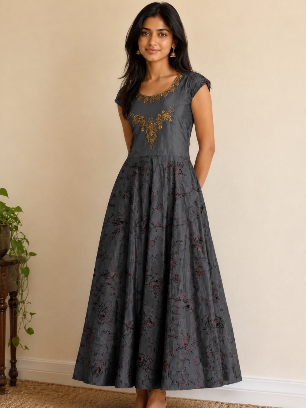 Women’s Charcoal Gray Embroidered Maxi Dress